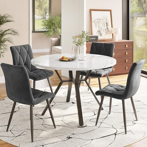 Rtopsu Esstisch mit 4 Stühlen Set, Esstisch Rund mit 100 cm Durchmesser, Esszimmertisch mit Schwarz Metallbeinen, Tischplatte mit Weiß Marmor, Esszimmerstühle für Esszimmer, Grau, Samt