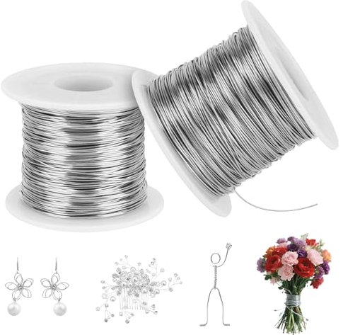2 rotoli di filo d'argento da 100 m, per fai da te, 0,5 mm, con bobina, 304 fili in acciaio inox flessibile, per gioielli e bonsai