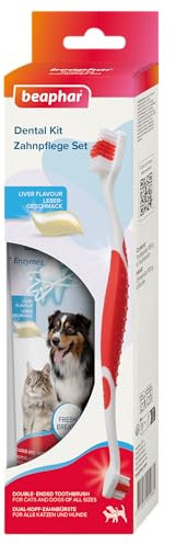 BEAPHAR - Zahnpflege Set Für Hunde Und Katzen - Doppelkopfzahnbürste Und Zahnpasta - Bekämpft Plaque Und Zahnstein - Mit Leber-Geschmack - Ohne Fluoride - Set mit 1 Zahnbürste + 100 g Zahnpasta