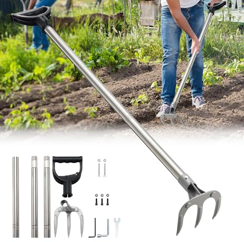 Rastrelli da giardino a 3 denti per scavare, 140 cm, manico lungo regolabile con prolunga, zappa da giardino pesante per diserbo e allentamento per giardino, prato e cantiere