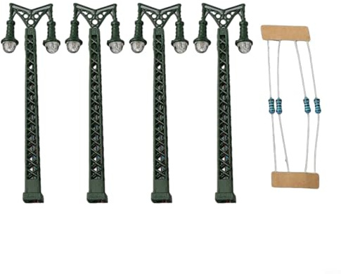 N Gauge Eisenbahn Modellbeleuchtung mit 4 LED Gittermastlampen, geeignet für 3V Versorgungsspannung, inkl. Serienwiderstände zur Verwendung mit 12 16V Transformatoren