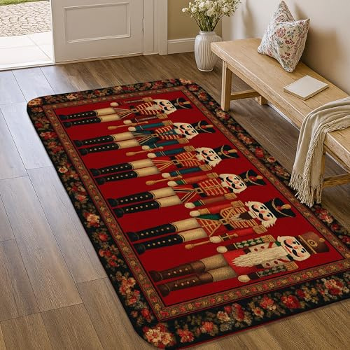 Nutcracker Area Rug, Christmas Festive Drummer Soldier Christmas Red Non-Slip Edge Binding Doormat Throw Rug Rectangle Bathroom Laundry Room Kitchen Entryway Decor 3' X 5'