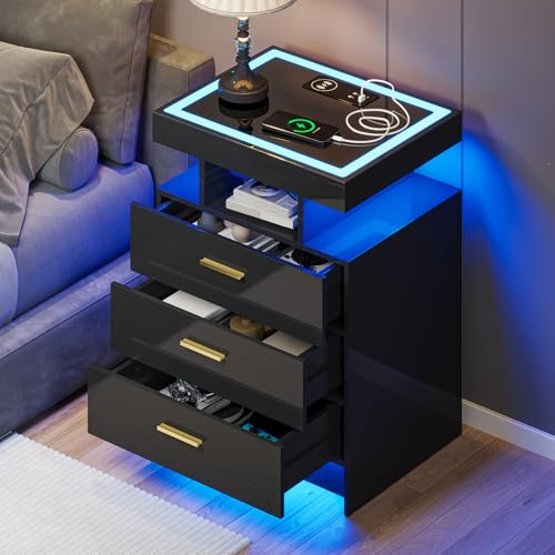 Gurexl LED Bedside Table with Glass Top and 3 IN 1 Charging Station,Black | nightstand with Usb & Type-c and Wireless Charging,end table with human body sensor and 3 Drawers for bedroom