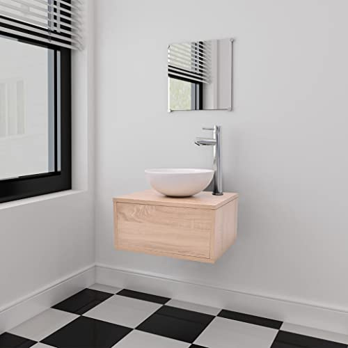 SooIarix Set di 3 mobili da bagno e lavandino beige, mobiletto sottolavabo da parete con specchio, lavabo in ceramica, compatto per bagno moderno, con scarico pop-up incluso