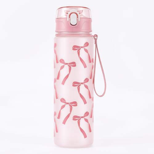 Pragma Pink Bow Sports Water Bottle with Straw & Lanyard, 750ml BPA Free Leakproof One-Click Flip Top Plastic Drinks Bottle for Cycling School Gym Travel Climbing Hiking Outdoor Gift for Women Girls