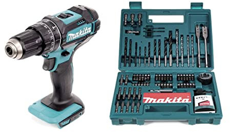 Makita, trapano avvitatore a percussione, a batteria, DHP 482 Z, 18 V, 62 Nm, “Solo”, con set di punte e inserti di Makita da 100 pezzi
