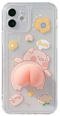 BONTOUJOUR Phone Case for iPhone 11, Funny Novelty Waving 3D Squeezable Peach Butt Piggy Pattern Lovely Pig Case Transparent Soft TPU Silicone Rubber Case Help Relax