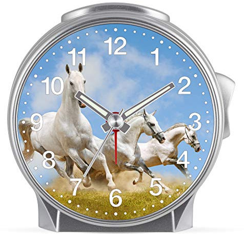 Eurotime Kinder Wecker für Mädchen mit Pferde-Motiv, Kunststoffgehäuse und Kunststoffglas, geräuscharmer Wecker, kein Ticken, mit Licht und Weckwiederholung, 29614-07