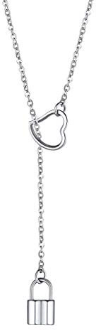 GoldChic Jewelry Heart Lock Y Lariat Necklace, Double Layered Pendant Necklace For Women, 316L Stainless Steel O Chain