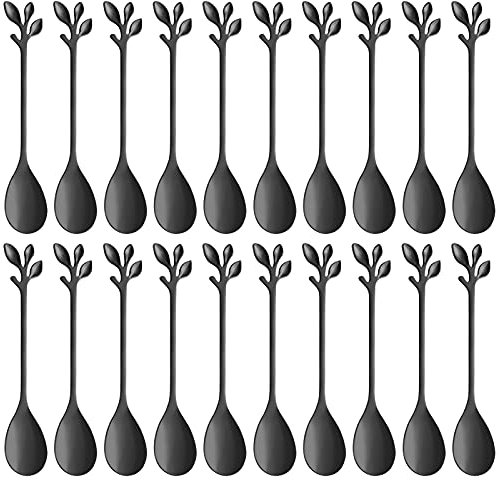AnSaw Kaffeelöffel-Set, 20 Stück, 11,9 cm, kreative schwarze Blätter, Dessertlöffel, Premium-Edelstahl in Lebensmittelqualität, spiegelnde Oberfläche und spülmaschinenfest (schwarz, 20)