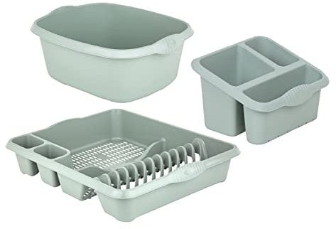 M1SS Plastic Large Kitchen Sink Set of 3 Rectangular Washing Up Bowl, Sink Tidy and Large Dish Drainer (Silver Sage)