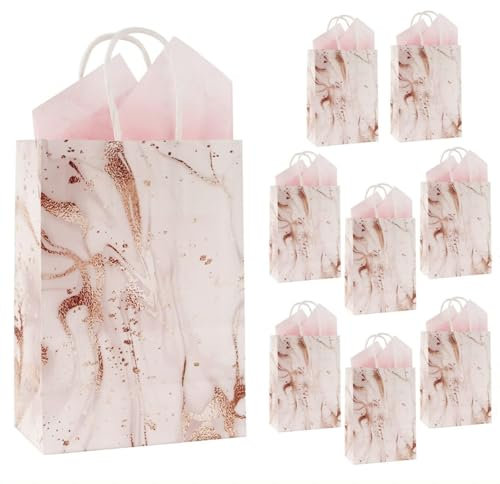 8pcs Small Gift Bags for Present Multipack Rose Gold Party Bags with Tissue Paper Pink Marble Gift Bags for Hen Party Wedding Birthday Baby Shower Bridal Shower 8.3Wx6Dx3H
