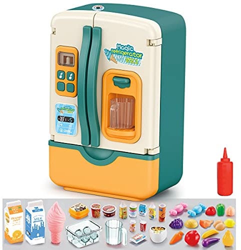 Kitchen Toys Fridge Refrigerator with Ice Dispenser Pretend Play Appliance for Kids, Play Kitchen Set with Kitchen Playset Accessories for Boys & Girls Music and Light (Blue Spray refrigerator)