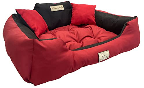 KingDog Hunde- und Katzenbett mit Zwei Kissen Hundekissen Hundekorb Haustierbett Waschbar Wasserdichtes PVC-Material (XL 115x95cm, Rot)
