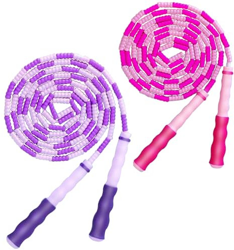 TYSISKNO Confezione da 2 corde per saltare per bambini, ragazze e ragazzi, morbide corde per saltare con perline, corda per saltare regolabile, allenamento e perdita di peso, 2 m (rosa e viola)
