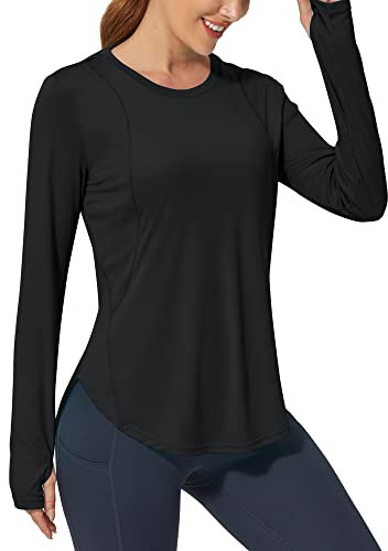 Promover Women's Activewear Long Sleeve Tops Workout Shirts UPF 50+ Sun Fitness T-Shirt Lightweight Quick Dry Outdoor Running Hiking Tops Black