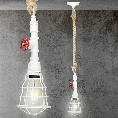 ECD Germany Hängelampe 1 flammige Hängeleuchte mit E27 Fassung, 115 cm, Ø13 cm, Weiß/Braun, Metall/Hanfseil, Wasserrohr, Vintage/Retro, Industrial Design, Pendelleuchte Pendellampe Leuchte Lampe