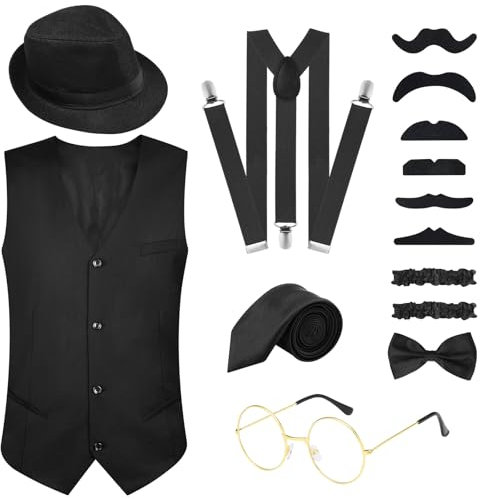 PLULON 16 Teilig 1920er Herren Kostüm Gatsby Gangster Weste Roaring 20s Herren Accessoires Set Kleidung Outfit mit Fedora Hut Hosenträger Fliege Vintage Taschenuhr Brille Bart für Herren