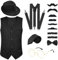 PLULON 16 Teilig 1920er Herren Kostüm Gatsby Gangster Weste Roaring 20s Herren Accessoires Set Kleidung Outfit mit Fedora Hut Hosenträger Fliege Vintage Taschenuhr Brille Bart für Herren