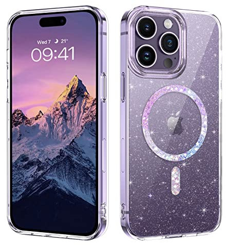 BENTOBEN for Phone Case for iPhone 14 Pro Max Magnetic [Compatible with Mag safe], Clear Glitter Protective Cover Slim TPU Transparent Shockproof Bling Sparkly Phone Cover for iPhone 14 Pro Max 6.7