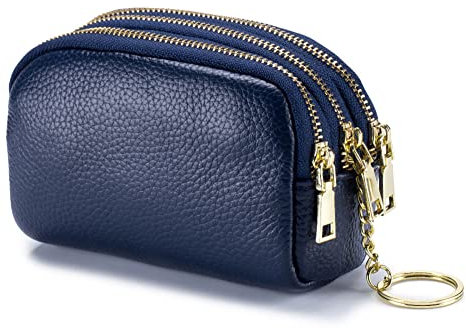 AprinCtempsD Porte-Monnaie Petit en Cuir Véritable Portefeuille Mini Zippé Porte-Cartes avec 3 Zips pour Femme Fille (Bleu)