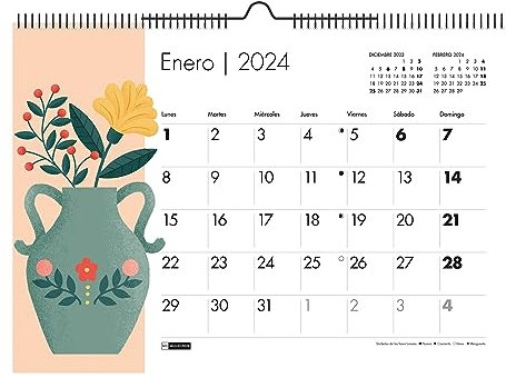 Miquelrius - Wandkalender 2024, Größe A3: 420 x 296 mm, mit Platz zum Notieren, Doppelspiralbindung, Spanisch, Pfingstrosen-Design, Vasen