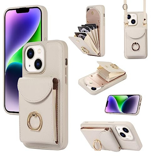 XMTON Crossbody Wallet Case for iPhone 15 with Card Holder, 360° Rotation Ring Kickstand, Leather Purse Cover for iPhone 15, White