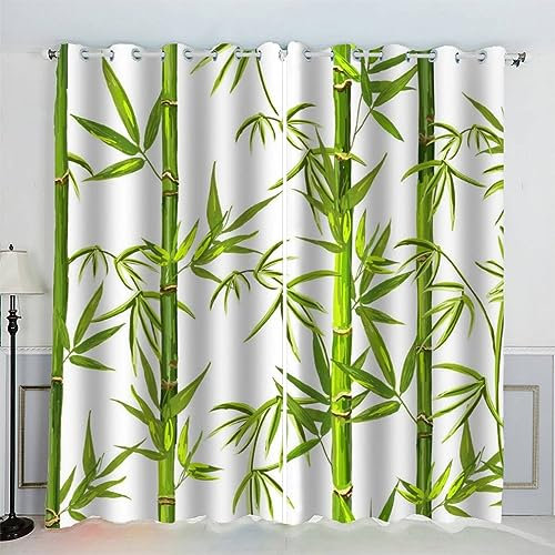 AKATIE Bambus Vorhänge Blickdicht mit Ösen 2er Set Kindervorhänge 3D Gedruckt Pflanze Grün Gardinen Modern Home Dekoration (183x214 cm)