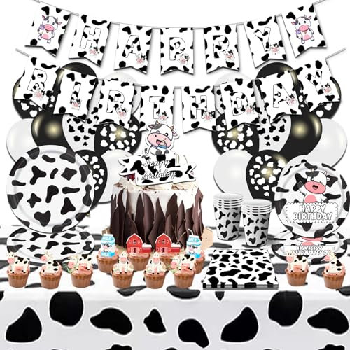 Kuh Druck Partygeschirr Set, Bauernhof Thema Dekorationen, Luftballons und Servietten,Kinder Geburtstag Deko mit Tischdecke Pappteller Pappbecher, 85 Stück Geschirr für 10 Gäste