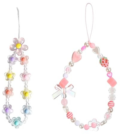 UEEBAI 2 PCS Phone Charms Pretty Flower Phone Wrist Straps for Girl Pink Cute Beaded Strawberry heart Pearl Phone Lanyard for Women Pendants for Airpods Keychain Camera
