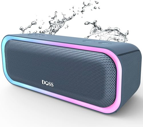 DOSS SoundBox Pro Bluetooth Speaker with 20W Stereo Sound, Active Extra Bass, 20H Playtime, IPX6 Waterproof, TWS Pairing, Multi-Colors Lights, Portable for Hiking, Camping, Beach, Outdoor-Stone Blue