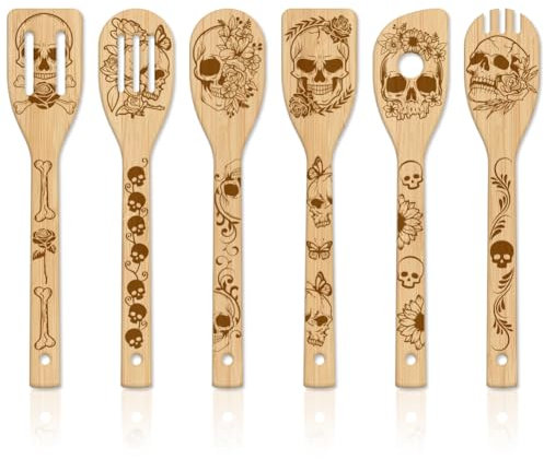 GLOBLELAND 6 Stück Skeleton Cooking Bambus Kochutensilien Halloween Holzgravur Kochlöffel Set Gravur Schnitzerei Küche Bambus Spatel Set Für Küche Housewarming Geschenk Mutter Freundin Frauen
