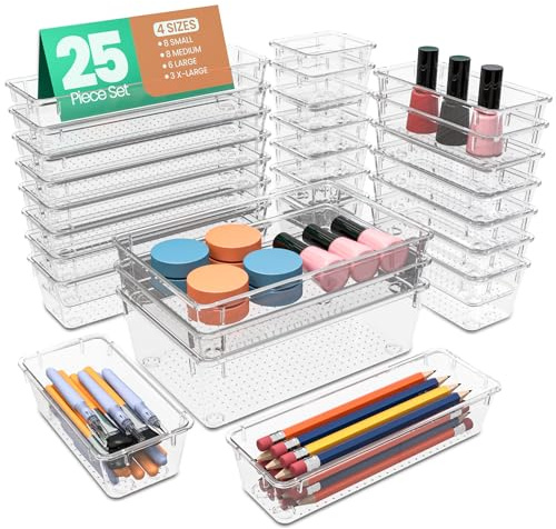KICHLY Clear Makeup Drawer Organiser Set, 25 Pieces, 4 Sizes | Drawer Organisers | Acrylic Organisers | Clear Storage Trays | 4 Sizes | Multi-Purpose | Space-Saving | 25-Piece Set