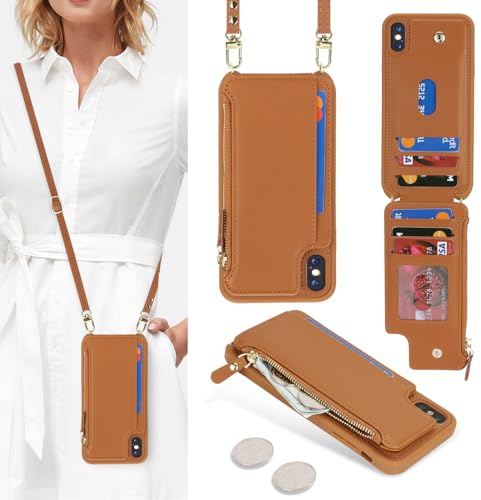 SailorTech for iPhone XS Max Phone Case with Credit Card Holder for Women, iPhone XS Max Leather Case Wallet Crossbody with Credit Card Slots Zipper Shockproof Case for Men - Brown