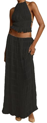 WangsCanis Damen Langer Rock 2-teiliges Set Ärmelloses Rückenfrei Neckholder Bauchfreies Plissiert Fließender Maxirock Sexy Sommer Zweiteiler Bekleidungsset (11 Schwarz, 44, L)