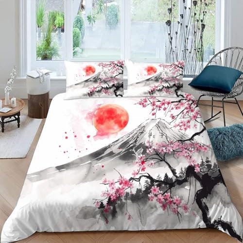 Bettwäsche-Sets 155x220 Winter Japan Kirschblüten 3D Motiv Japanischer Stil Bettbezug für Kinder Mädchen Teenager Flauschig Mikrofaser Bettwaren 3Teilig mit Reißverschluss und 2 Kissenbezüge 80x80