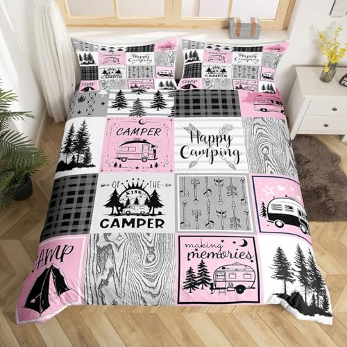 Homewish Mädchen Rosa Camper Bettwäsche Set 135x200 Happy Camping Tröster Abdeckung, Rv Dekor für Innen, Camper Zubehör für Travel Trailers Bettbezug, Schwarz Grau Buffalo Plaid Pine Tree Bettbezug