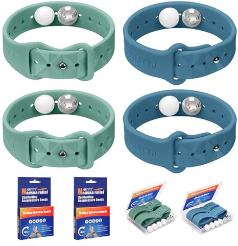 MEIYYJ Travel Sickness Bands for Adults and Kid Adjustable Acupressure Anti Nausea Wristbands for Motion & Morning Sickness Relief Bands for Pregnant Natural Relief Blue & Green-2 Pairs
