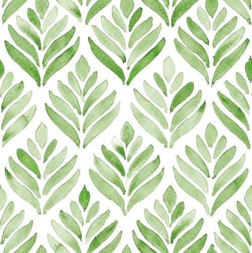 Carta da Parati Floreale Verde, 44.5 x 1000 cm Carta da Parati Bianco e Verde Fiori Foglie Piante Moderna Acquerello Foglie Verdi Boho Pellicola Adesiva per Mobili,Camera da Letto,Soggiorno,Bagno