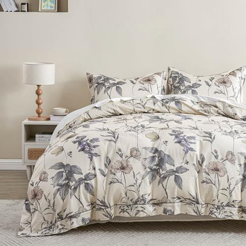 Simple&Opulence 100% Cotton Duvet Cover Set Queen Size, 3Pcs Cream Floral Botanical Printed Comforter Cover Set with Button Closure, Soft Breathable Bedding with Linen Trim for All Seasons