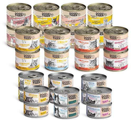 Dogs’n Tiger Adult Katzenfutter, Nassfutter, ohne Weizen, Zuckerzusatz & künstliche Konservierungsstoffe, Mixpaket Rundum lecker! Thunfisch, Lachs, Muscheln, Shrimps & Huhn, 28 TLG.- Set