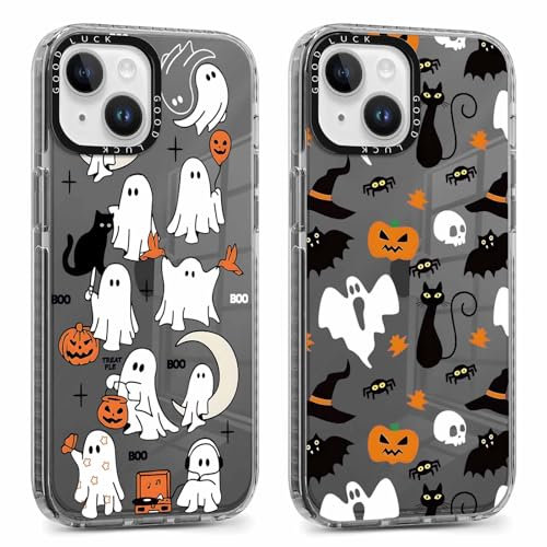 Yomjew 2 Pack Halloween Phone Case for iPhone 13 / iPhone 14 6.1, Clear Case with Cute Cool Pumpkin Ghost Cat Pattern Design, Shockproof Soft Silicone Cover for Teen Girls and Boys, Women and Men