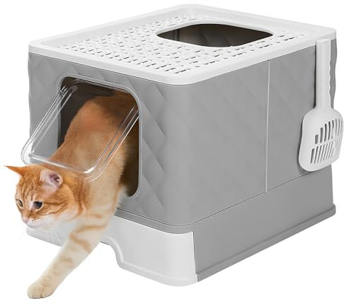 Cat Litter Box with Scoop Lid for Small & Medium Cats (Grey)