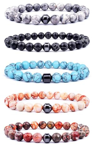 AMOR SPES 5PCS Natural Stone Beads Bracelet Set Turquoise Volcanic Stone Wrap Bracelets Beach Gifts Black White Grey