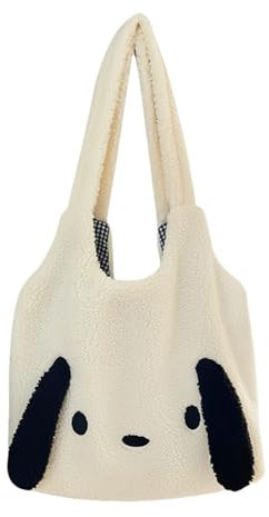 Pandalein Damen Mädchen Plüsch Schultertasche Umhängetasche mit Hundemotiv Große Kapazität Shopper Flauschige Tote Bag Handtasche für Uni Arbeit Schule (Weiß)