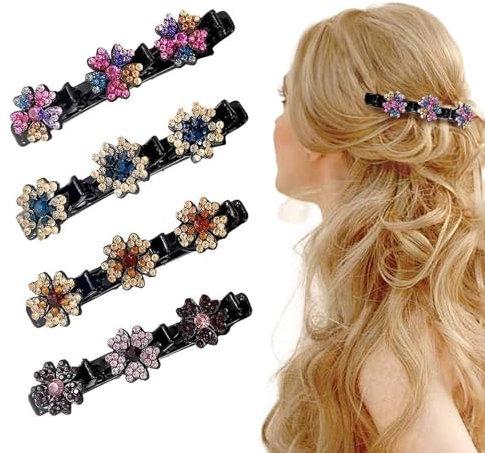 4 Stück Kolibri-Haarspange mit Kristallblume, Doppelschicht Haarspangen für Frauen Mädchen, Glitzernde Kristall-Stein Geflochtene Haarspangen mit 3 Mini-Haarspangen, Strass Haarspange
