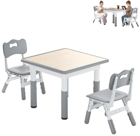 AufuN Kindertisch mit 2 Stühlen, Kindertischgruppe mit Verstellbarer Höhe, Kinderzimmertisch & -stuhlsets für den Kindergarten, Kindermöbel aus Kunststoff, Sitzgruppe für Jungen Mädchen, 60x60x60cm