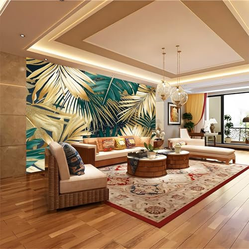 Papiers peints Intissé 200 x 140 cm Murales Poster Effet Trompe L'oeil Feuilles de palmier dorées et vertes Revêtement mural décoration pour chambre salon cuisine Or