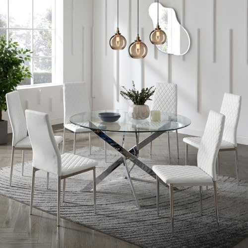 Round Glass Dining Set With Chrome Legs - 4 or 6 White Faux Leather Chairs