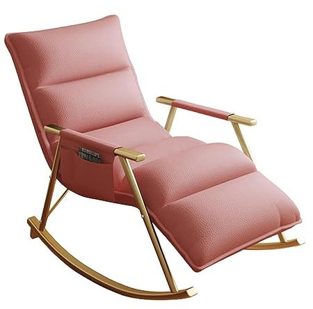 Ergonomischer Liegestuhl aus Leder, verstellbare Rückenlehne und Fußstütze, gepolsterter Schaukelstuhl für Wohnzimmer, modernes Design mit Aufbewahrungstasche, Rahmen in Rosa und Gold